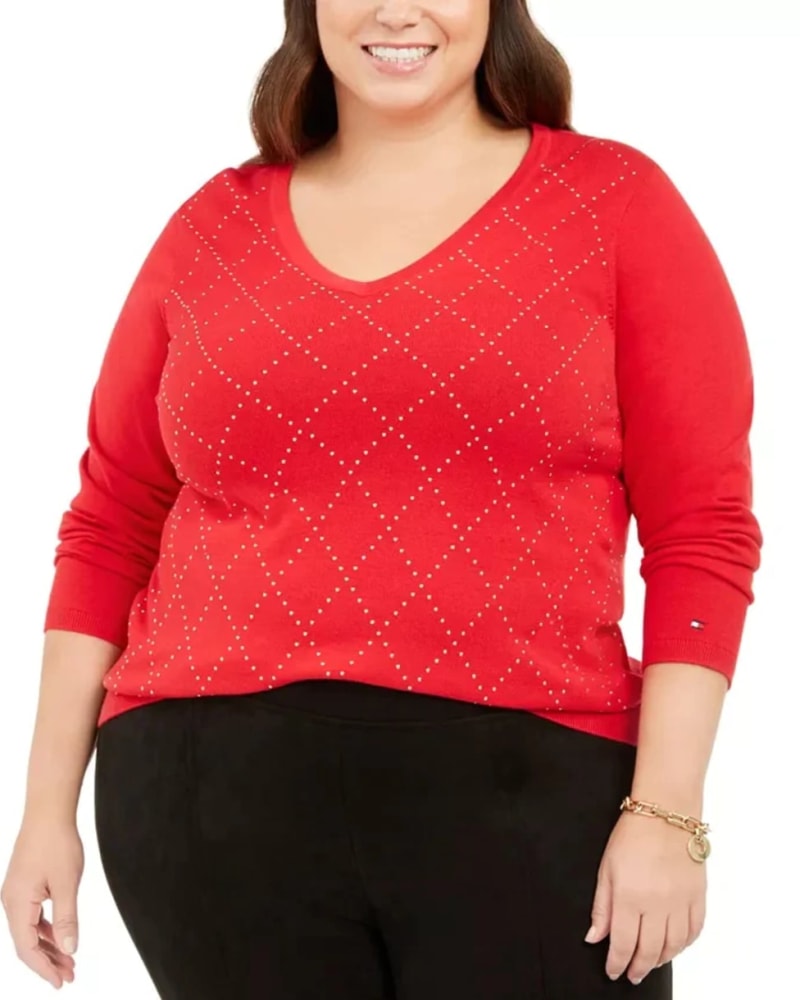 Front of a model wearing a size 2X Tommy Hilfiger Women's Plus Cotton V Neck Sweater Red Size 2X in Red by Tommy Hilfiger. | dia_product_style_image_id:314417